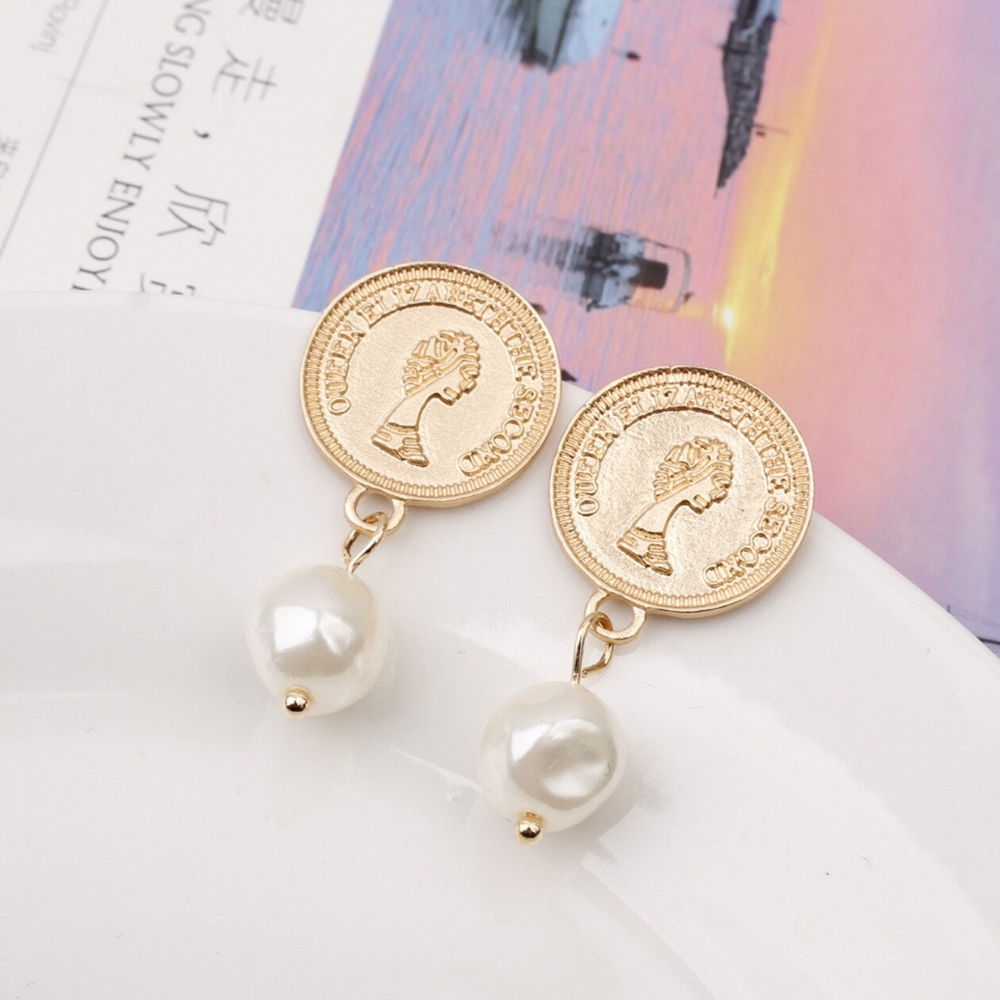 Pearl Vintage Gold Coin Drop Dangle Earrings